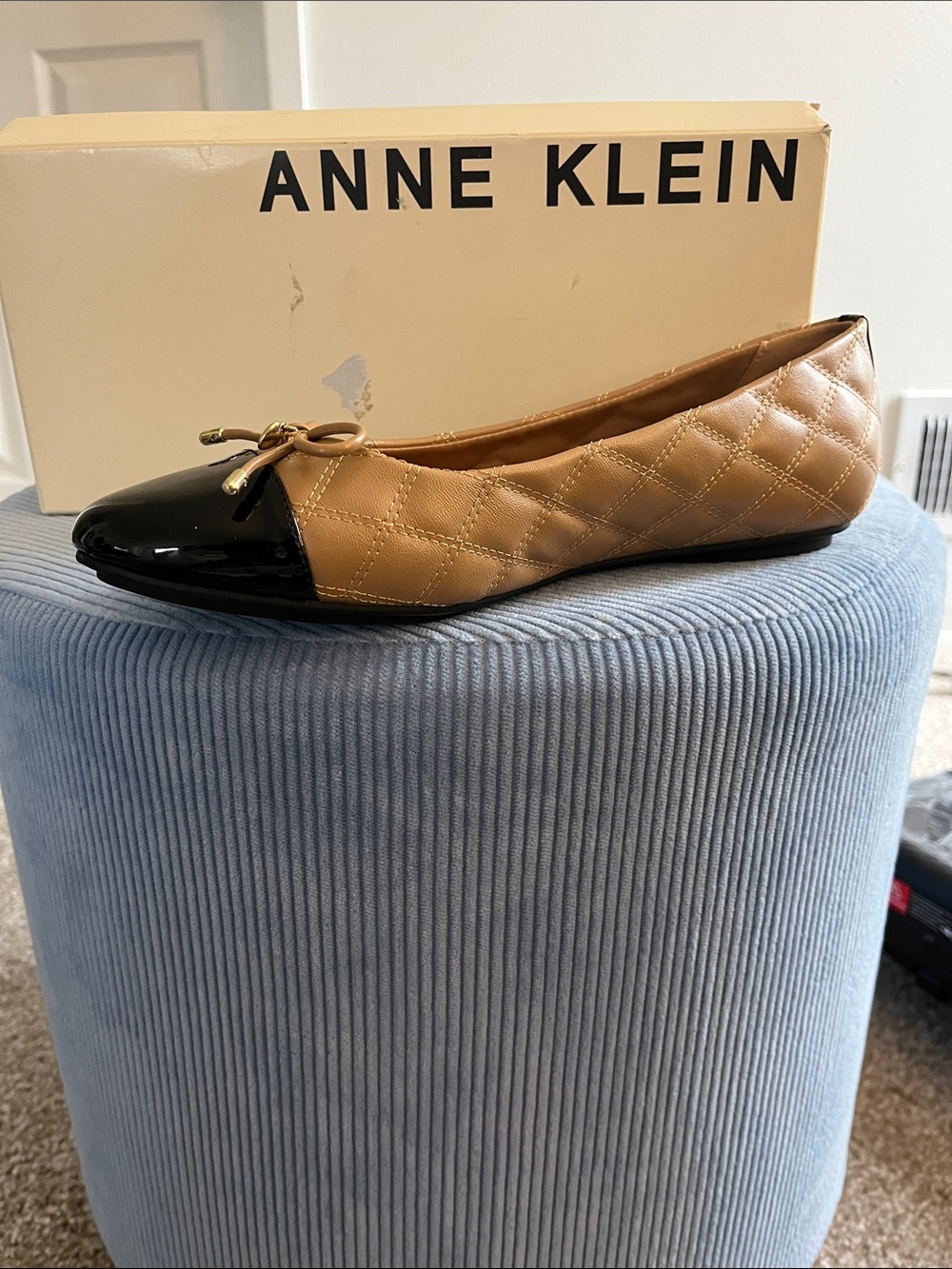Anne Klein Quilted Tan Ballet Flat with Black Patent Toe